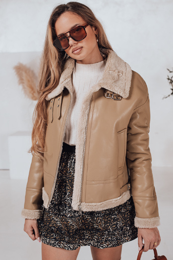 Női SHEREB bőrdzseki khaki színű báránybőrrel Dstreet TY4757