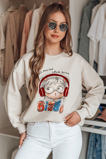 Női nagyméretű, nyomtatott pulóver LALA VIBE bézs Dstreet BY1506
