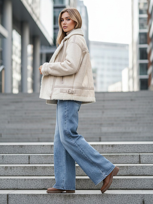 Női báránybőr ramones dzseki bézs Dstreet TY5245z