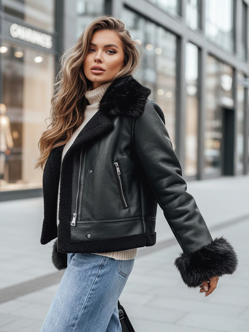 Női bőrdzseki műszőrmével fekete Dstreet TY5244z