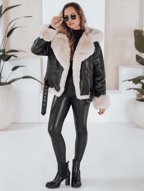 Női télikabát bőr ramoneskin szőrmével fekete Dstreet TY5118