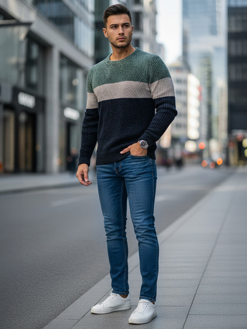 Férfi pulóver kerek nyakkivágással zöld és tengerészkék Dstreet WX2319